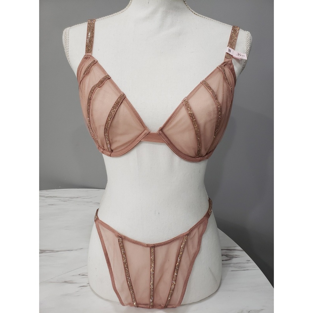 Victoria's Secret Shine Strap Unlined Low-Cut Demi Bra Thong Set Taupe 36DD & XL